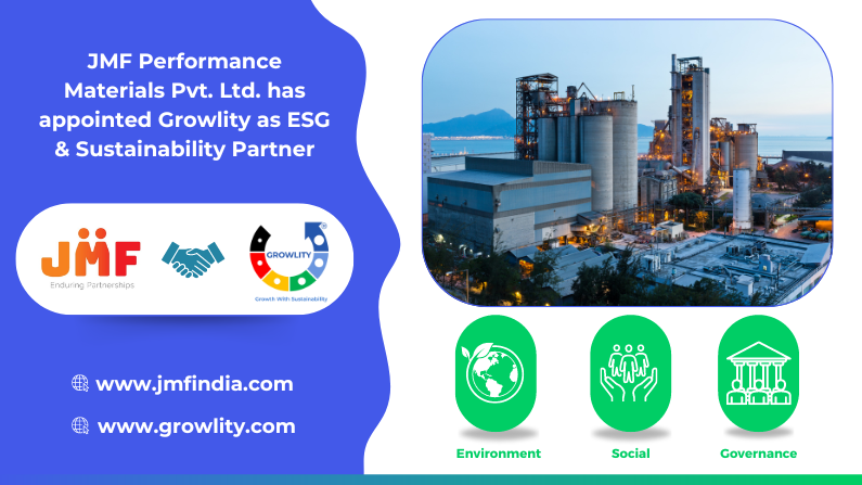 Case Studies 3 JMF appoints Growlity as ESG & Sustainability Partner with ESG icons and industrial facility image.