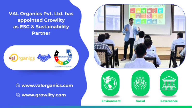 Case Studies 13 VAL Organics appoints Growlity as ESG & Sustainability Partner with visuals of ESG icons and a sustainability training session.